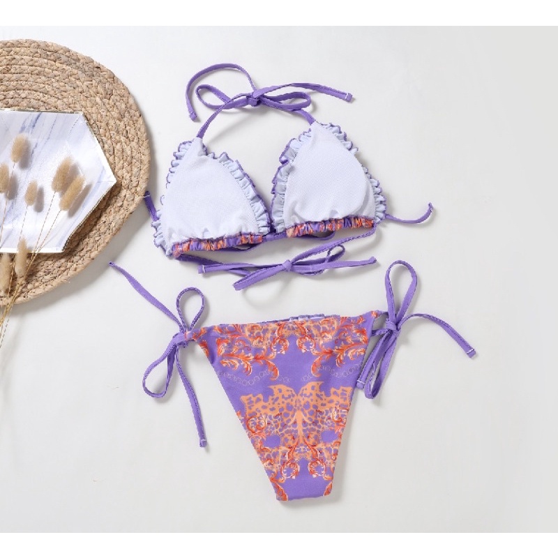 [BKN1086] &lt;ÂU&gt; SET BIKINI TRIANGLE TÍM HOẠ TIẾT BÈO NƠ NGỰC