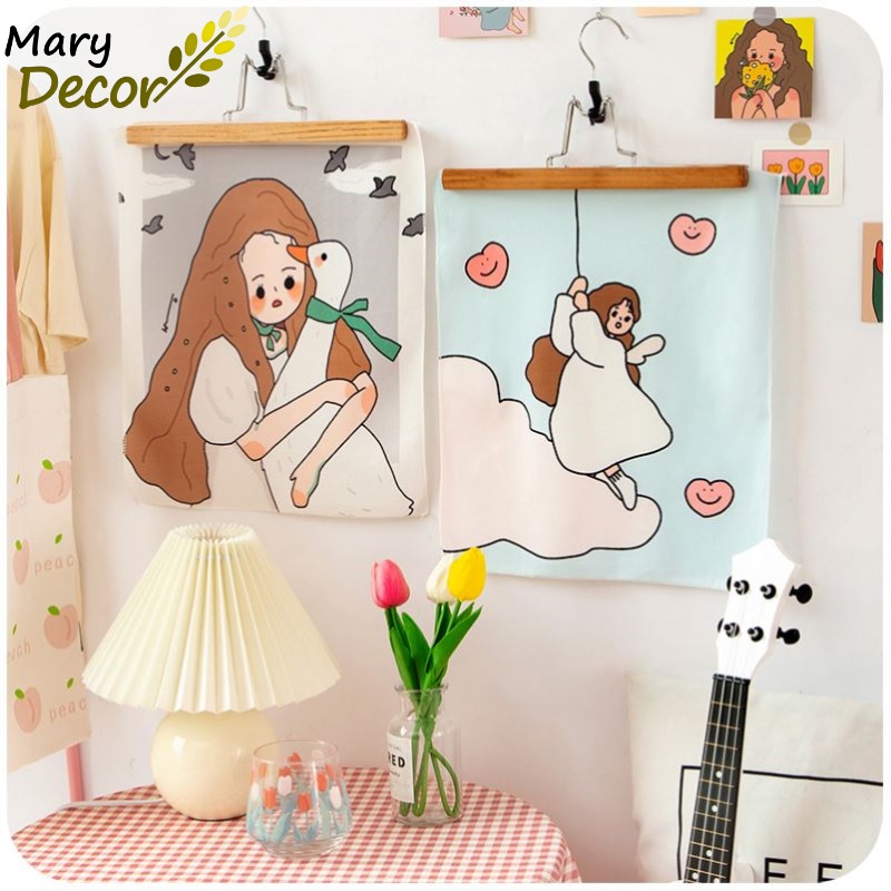 Sticker dán / Tấm tranh vải treo tường hình cô gái dễ thương trang trí cho phòng ngủ 32cm x 41 cm - Mary Decor