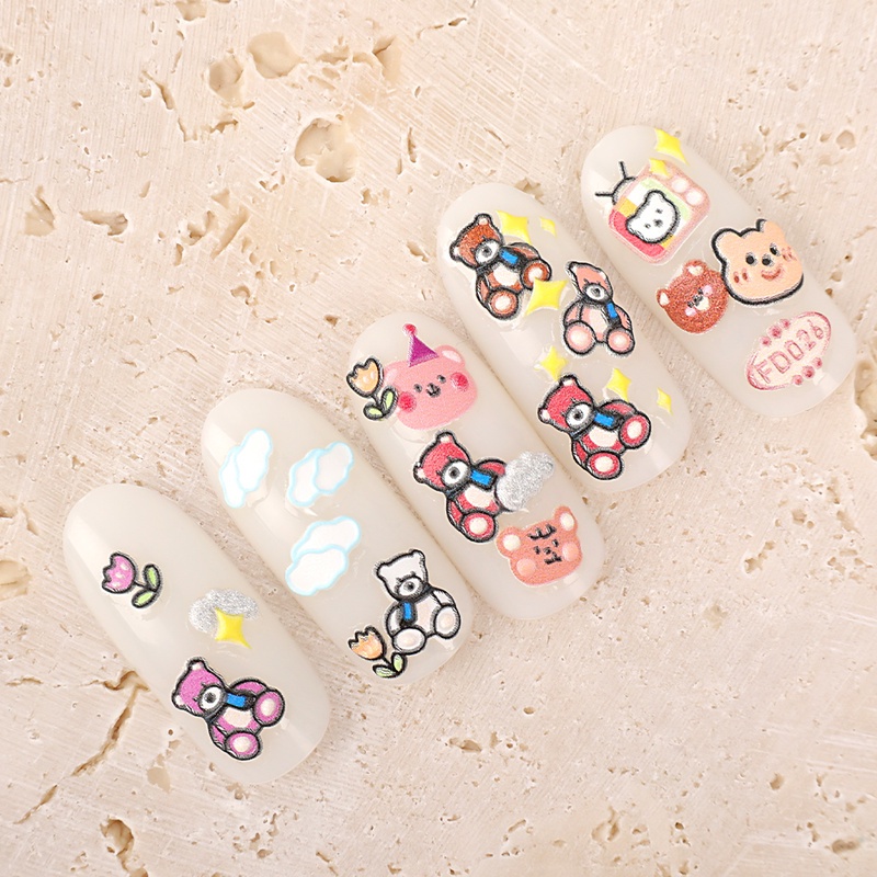 1 Tấm Hình Dán Móng Tay In Hình Gấu Hoạt Hình 5D Dễ Thương Chống Nước Tự Dính DIY