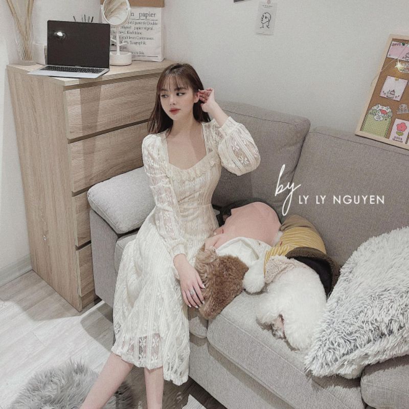 Váy ren 2 lớp cổ vuông💝Freeship💝Hàng thiết kế dáng dài đủ size ,sẵn hàng