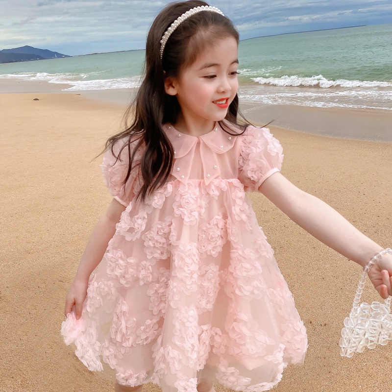 Se7en Đầm Công Chúa Ba Chiều Màu Trơn Tay Phồng Đính Hoa Ngọc Trai Mùa Hè Hàn Quốc Cho Bé Gái