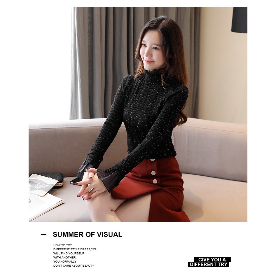 Korean Elegant Stand Collar Office Blouse Women Autumn Long Sleeve Slim Fit Top Black Winered | BigBuy360 - bigbuy360.vn