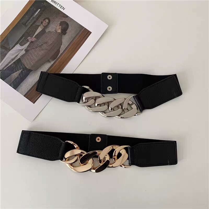 Đai váy mặt Xích cá tính bản to 3cm 4cm - Thắt lưng váy xích da chun eo sang chảnh bản to co giãn Đv014 sim sim shop