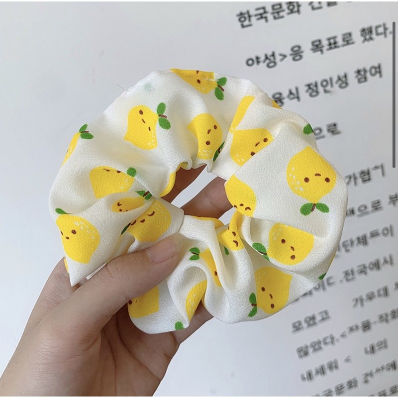 Dây buộc tóc scrunchies vòng hoạ tiết trái cây nhiệt đới xinh xắn