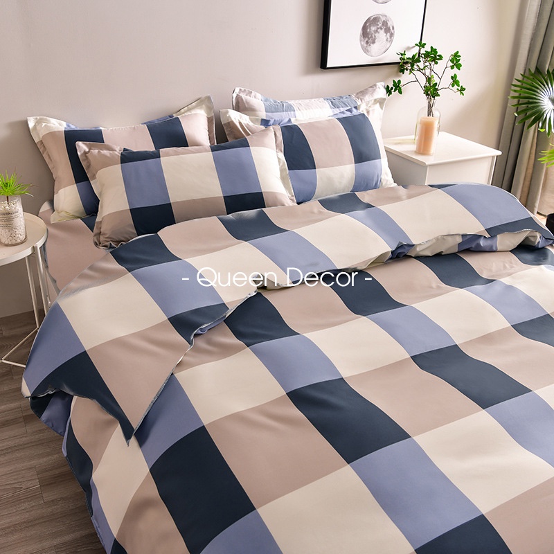 Bộ Chăn Ga Gối, Ga Giường Cotton Poly 5 Món M2, M6, M8, 2M2 Kẻ Hàn Quốc, bo chun drap giường miễn phí - Queen Décor | BigBuy360 - bigbuy360.vn