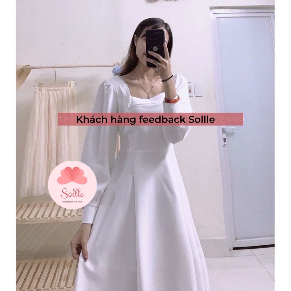 Đầm thiết kế váy trắng cổ vuông phối ren hạt tay bồng tiểu thư chun lưng Hàn Quốc Sollle
