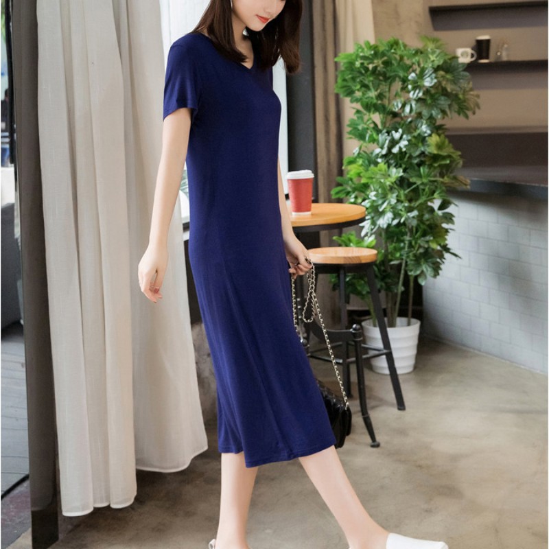 Đầm Tay Ngắn Cổ Chữ V Màu Trơn Thiết Kế Dáng Rộng Thoải Mái
