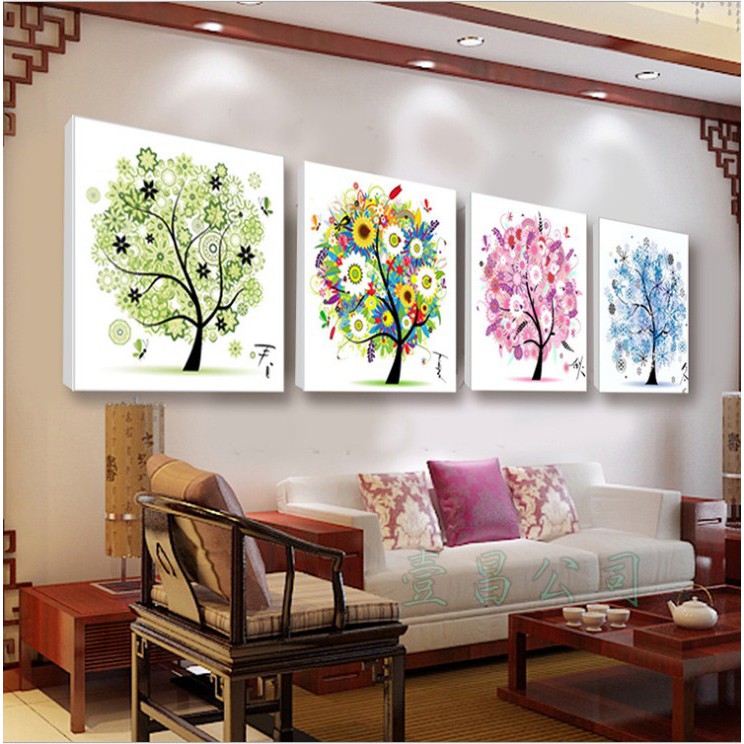 Tranh Thêu Chữ Thập Chỉ Lụa Thêu Kín Chưa Thêu Cây Bốn Mùa May Mắn  HH0688