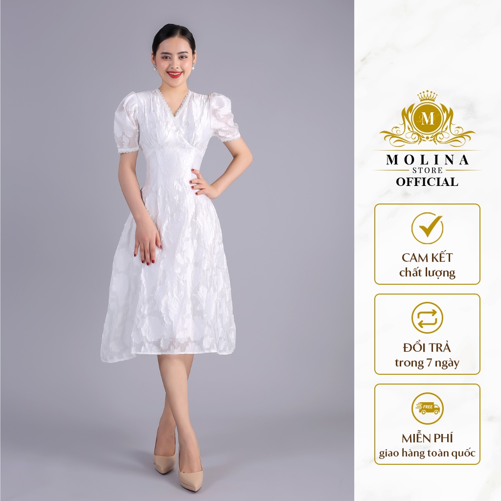 Đầm Xòe Vol Thiết Kế Molina Ren Hoa Nổi Cao Cấp, Cổ V Tay Bồng Điệu Đà, Dáng Dài Thanh Lịch Nữ Tính