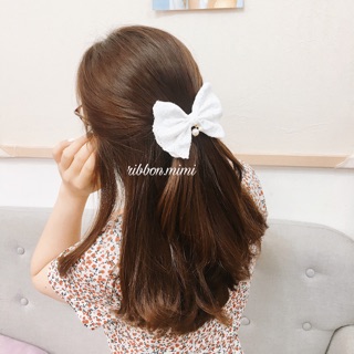 [ Hàng Thiết Kế ] Kẹp Tóc Nơ Vải Trắng có Châu Handmade Hạo Tiết Hoa Cao Cấp Ribbon.mimi Fluer cột / kẹp