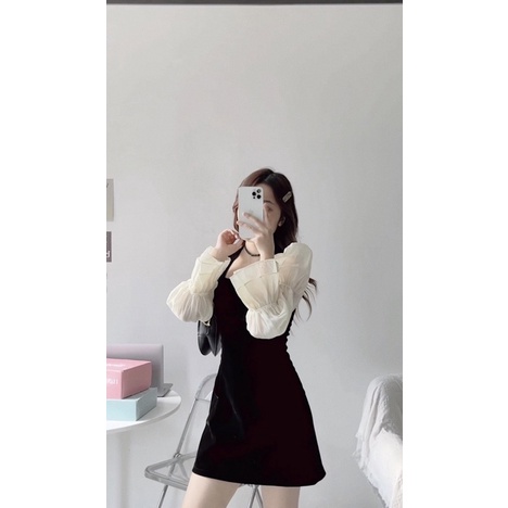 Váy nhung tay voan Solei