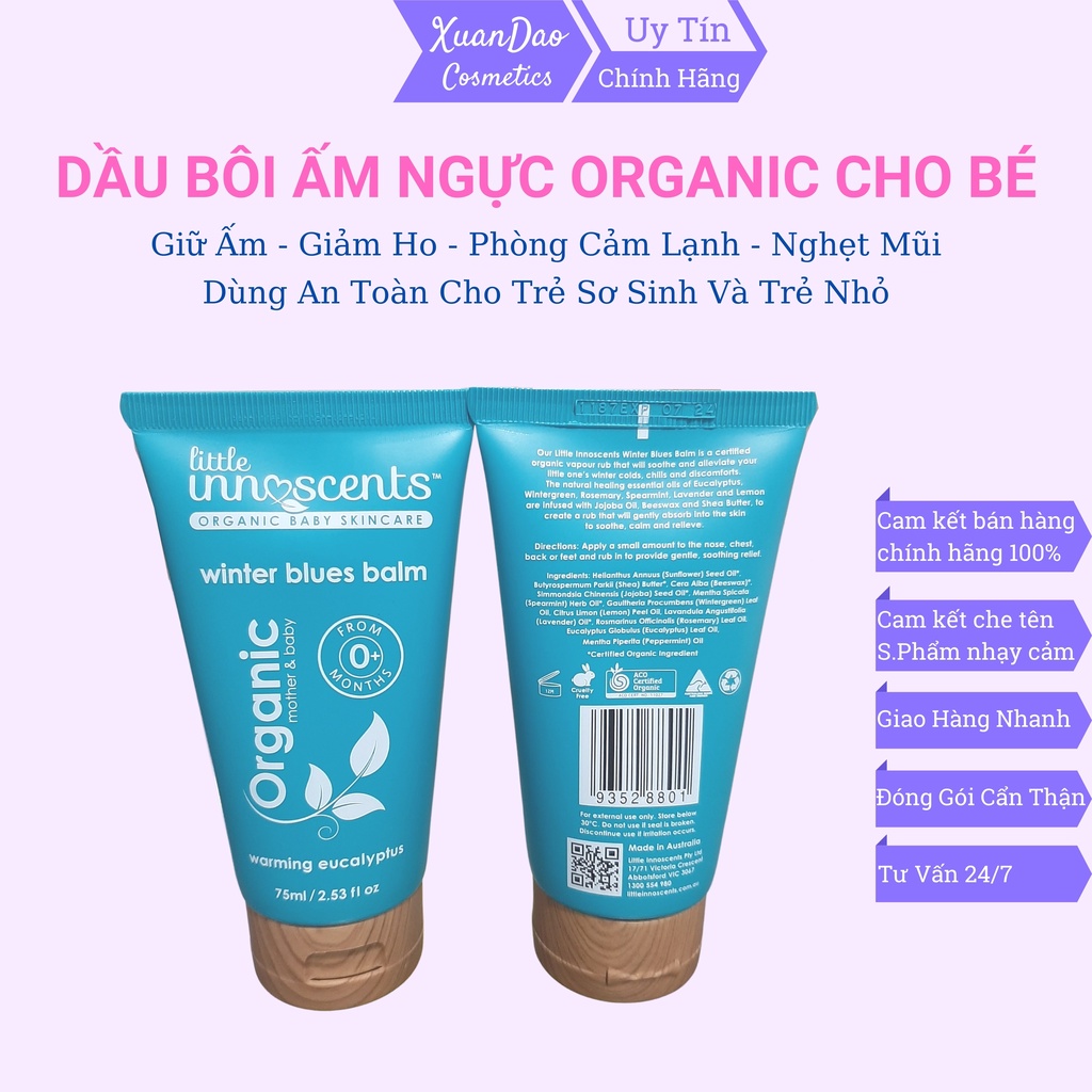 Dầu bôi ấm ngực Organic cho bé kem Organic Little Innoscent winter blue balm Úc giảm ho ngạt mũi phòng ngừa cảm lạnh