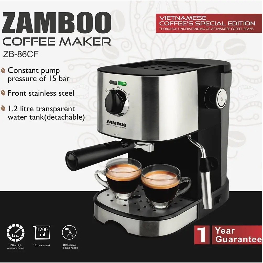 Tặng Quà Máy pha cà phê espresso Zamboo ZB-86CF (15bar/850W, sấy cốc, đánh sữa)  Tặng kèm 500gram Coffee Superpower