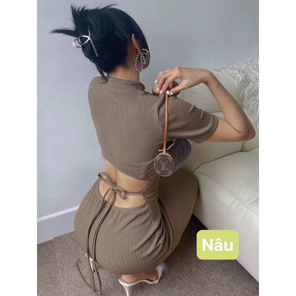 Đầm ôm body maxi kiểu cổ tàu hở lưng phối dây