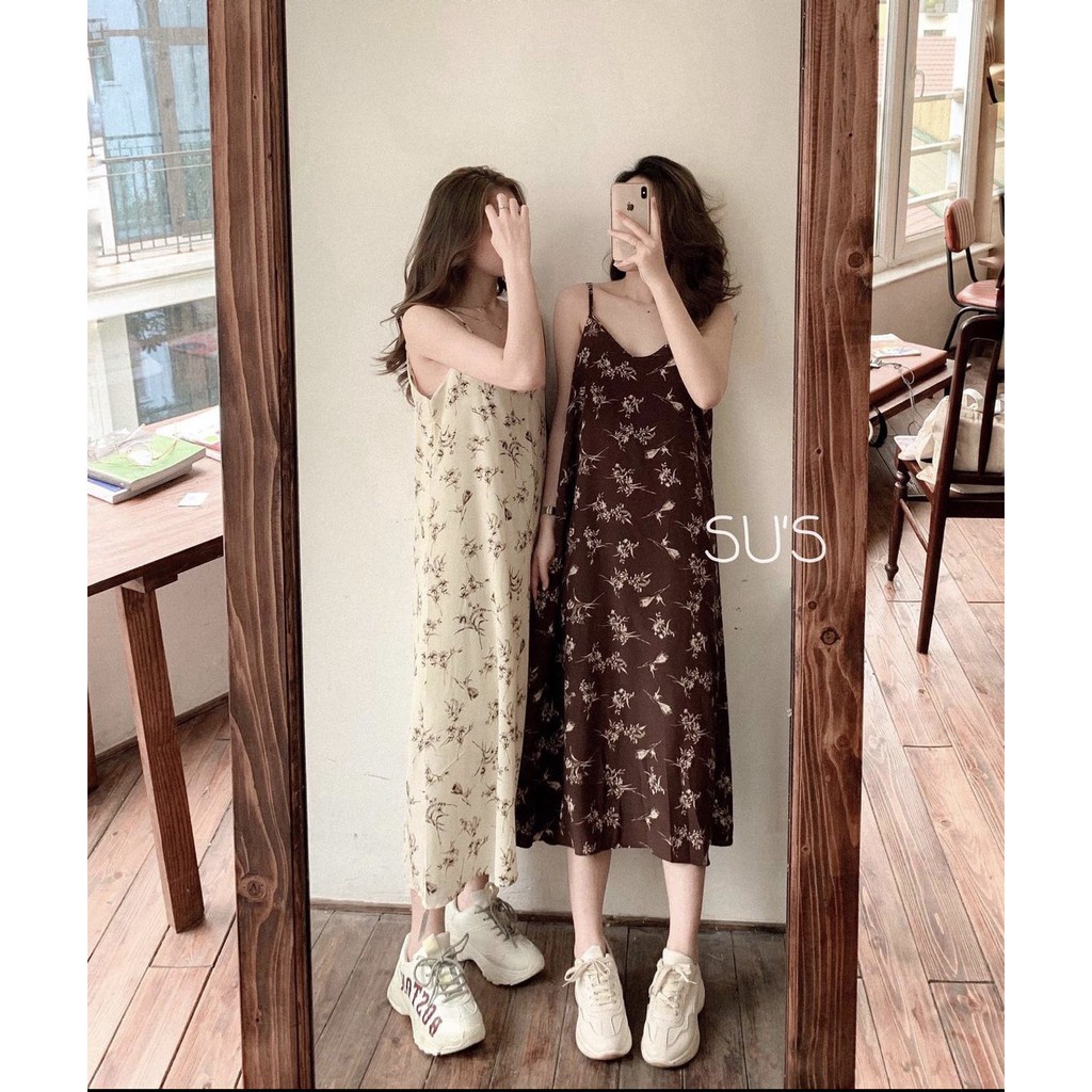 Váy 2 Dây Hoa Nhí Mặc Đi Biển Màu Nâu Nữ - Caheo.closet Nữ [FREESHIP] - Đầm midi hai dây dáng suông họa tiết hoa nhí
