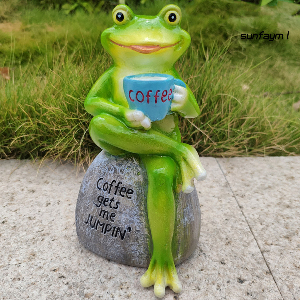 SUNFAY Animal Design Statuary Green Sitting Frog Drinking Coffee Stone Garden Statue for Home Decor