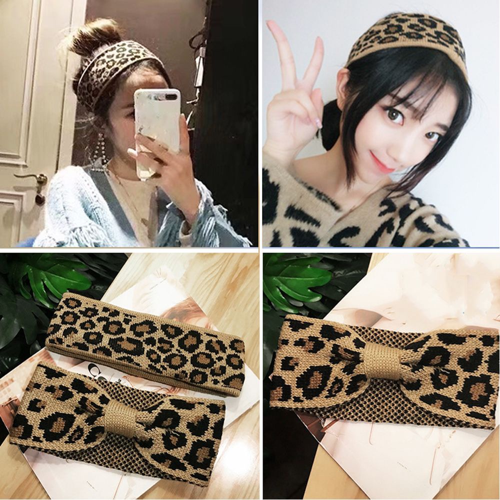 Băng đô cài tóc bản rộng dệt kim thắt nơ họa tiết da báo thời trang mùa đông cho nữ