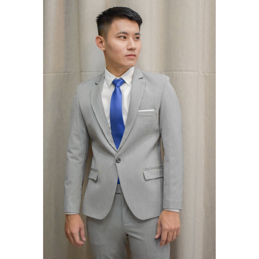Bộ vest nam tông xám ghi chấm đen nhuyễn chất liệu vải cao cấp dày mịn co giãn tặng combo phụ kiện