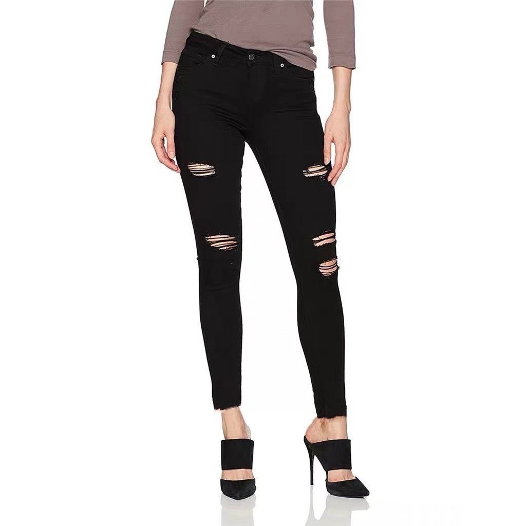 Quần jean nữ BIG SIZE dài 9 tấc rách kiểu màu đen tuyền dành cho người béo 3619