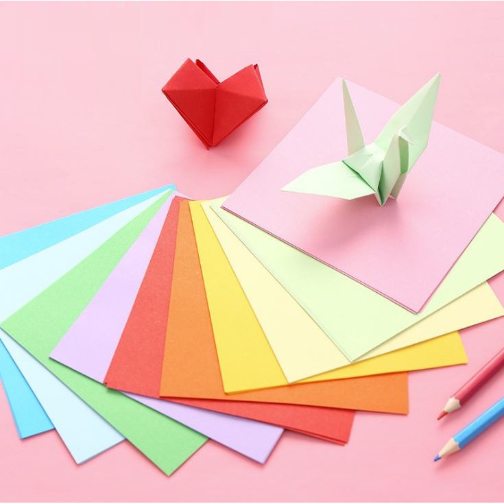 Giấy Gấp Origami, Giấy Thủ Công Gấp Hạc Hoa( 10 màu 100 tờ)- Nhiều kích thước lựa chọn