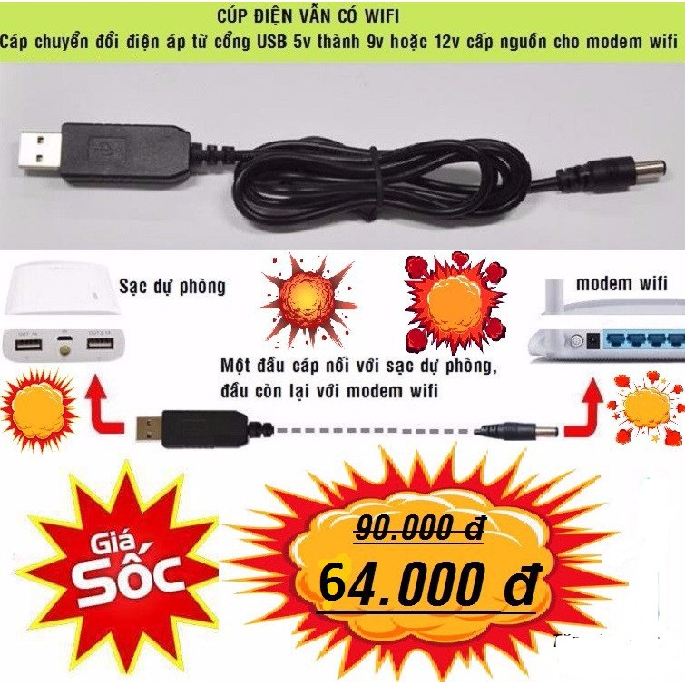 cáp chuyển đổi điện áp từ cổng usb 5v lên 9v- 12v