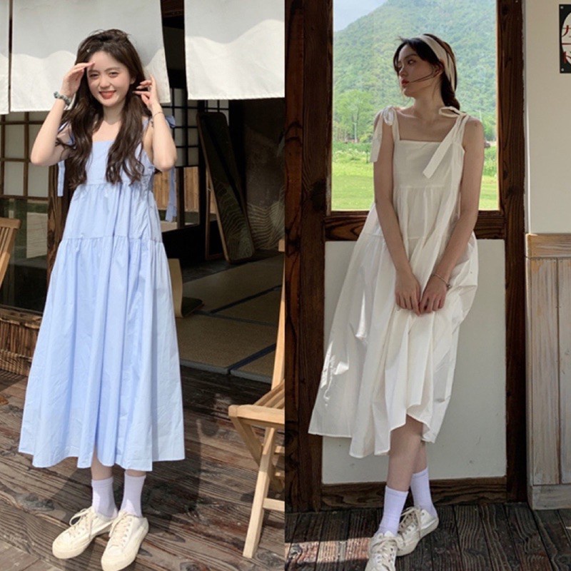 Váy babydoll dáng dài 2 dây bản to xanh đen trắng thắt nơ form rộng Đầm bầu hai dây maxi 2 tầng buộc dây THOITRANG suông