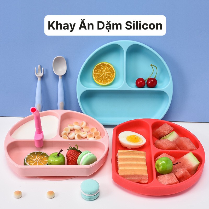 Khay ăn dặm silicon tròn 3 ngăn có đế chống trơn trượt 𝐃𝟐𝟖