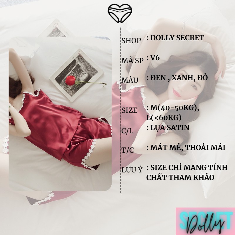 Bộ đồ 2 dây lụa cao cấp mặc nhà viền ren siêu mỏng xuyên thấu gợi cảm cho nữ DOLLYSECRET V06