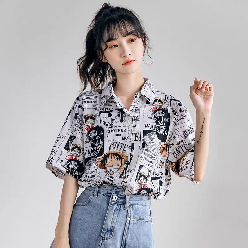 Áo Sơ Mi Tay Ngắn Mỏng Dáng Rộng In Họa Tiết Hoạt Hình Kiểu Hàn Quốc Thời Trang Cho Bạn Gái