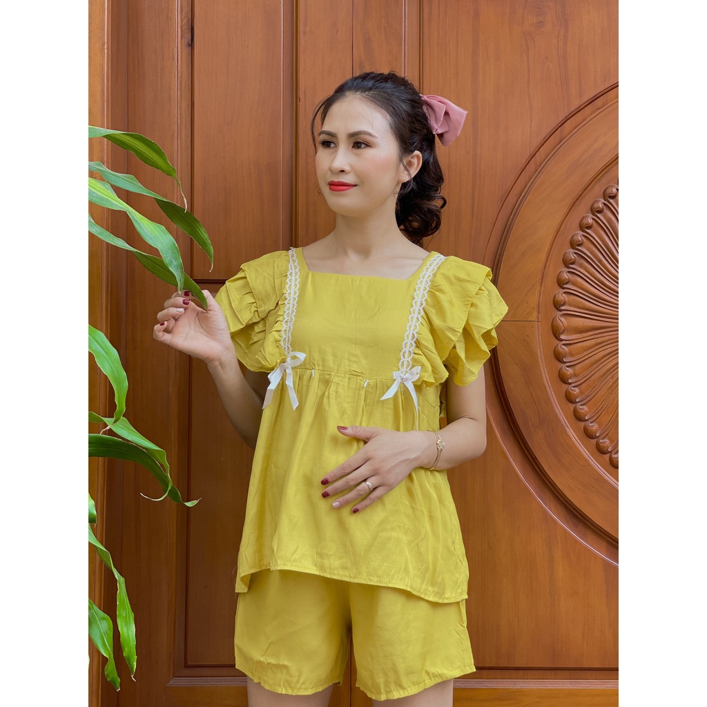 Bộ đồ bầu ĐÙI CÁNH TIÊN phối viền ren tiểu thư xinh xắn - Bộ bầu mặc nhà có khóa cho con ti BL861