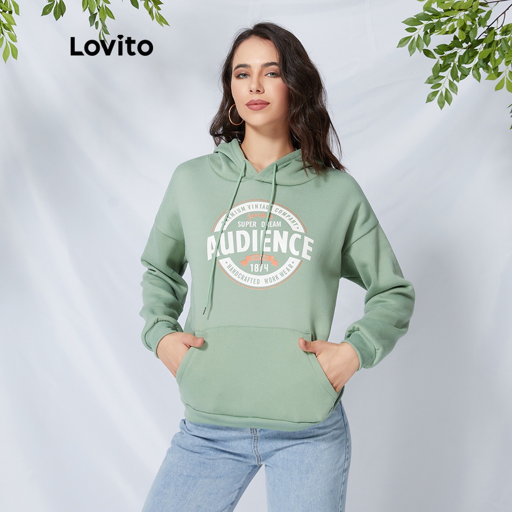 Áo khoác Lovito có mũ trùm dây rút in chữ L09075 (xanh lá/đỏ)