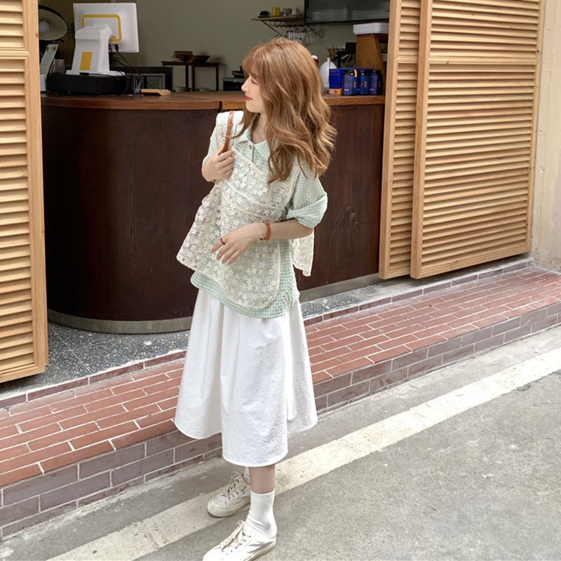 Set Áo Sơ Mi Tay Phồng Kẻ Sọc Caro + Chân Váy Màu Trắng Thiết Kế Mới Thời Trang Mùa Hè Theo Phong Cách Hàn Quốc Cho Nữ