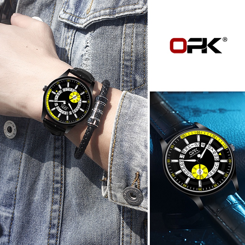 OPK 8125 Watch Men Leather Genuine Waterproof Luminous Wear-resistant Calendar Creative Design Fashion Trend