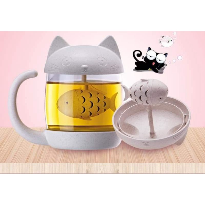 Ly thủy tinh pha trà có nắp hình mèo,,,