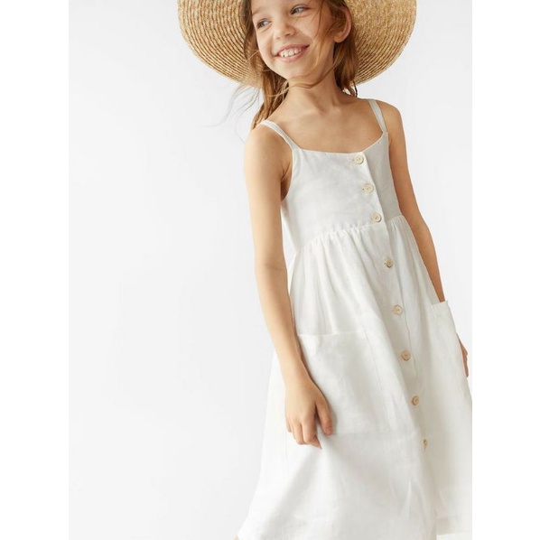 Đầm trắng ZARA cài khuy bé gái, váy xuất dư trẻ em