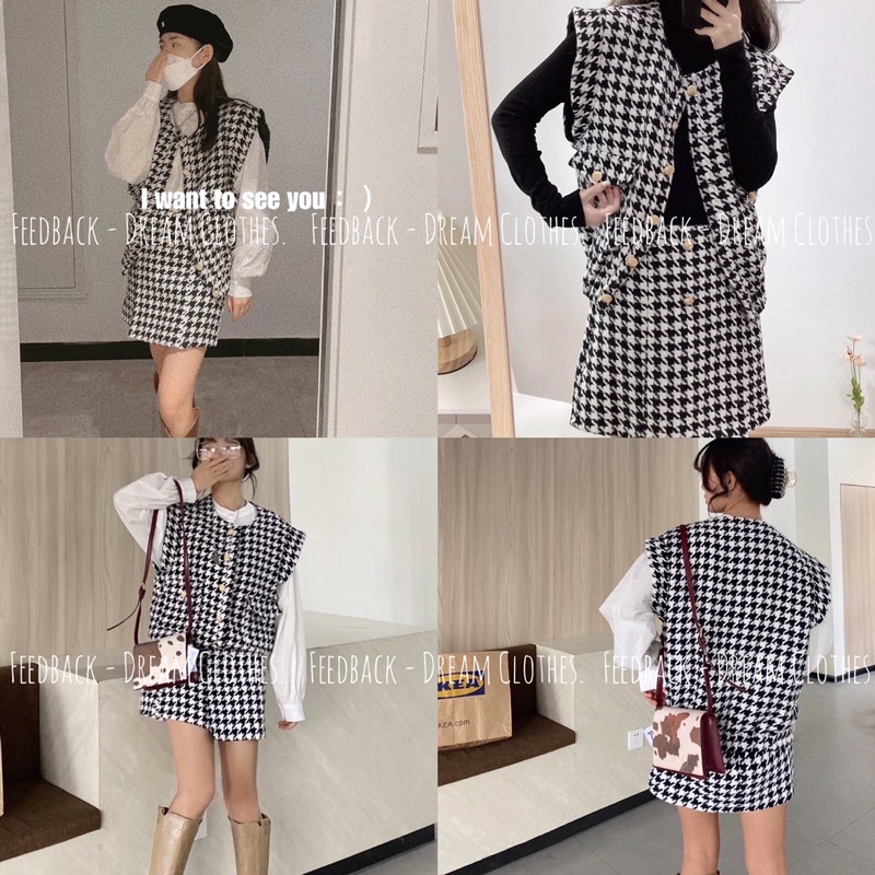 SET ÁO KHOÁC GILE VÀ CHÂN VÁY ĐÍNH CÚC ÁO SƠ MI KẺ CẢO DẠ TWEED