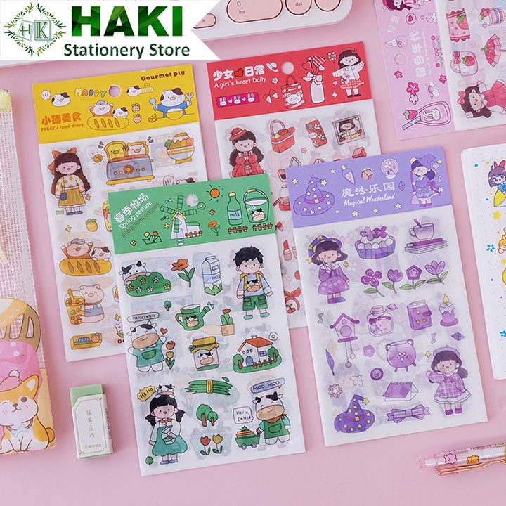 Sticker cute hoạt hình HAKI, hình dán cute 4 sticker trang trí sổ nhiều mẫu dễ thương ST24