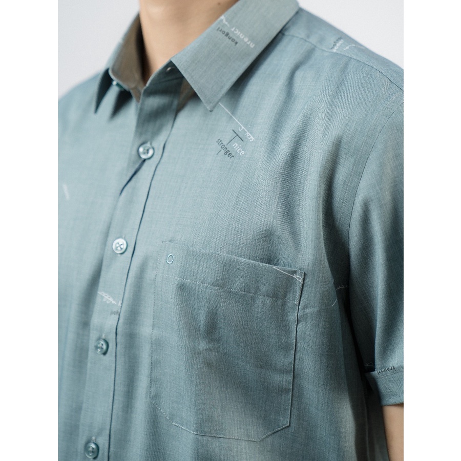Áo sơ mi nam ngắn tay OWEN BA220032NT somi công sở vải polyester cao cấp màu rêu chambray in chữ trắng ghi dáng suông