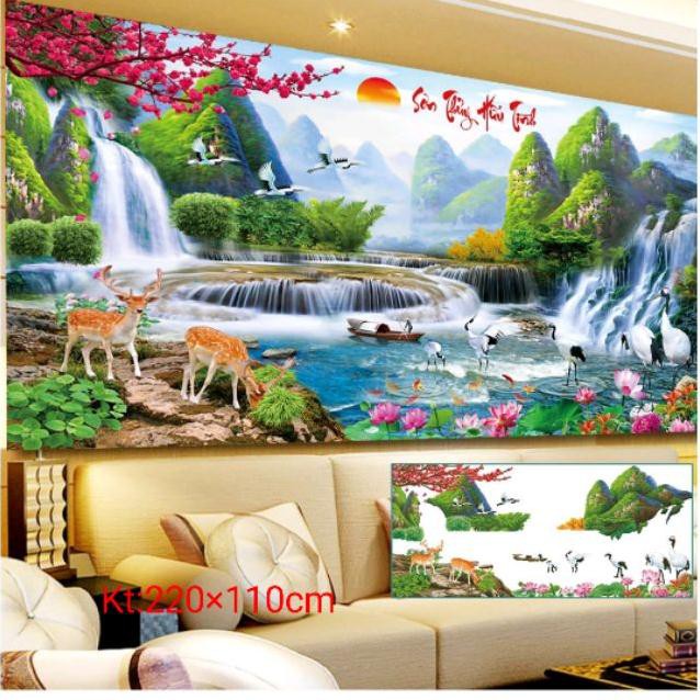 sale sốc Tranh đính đá sơn thủy sinh tài tuyệt đẹp khồ lớn kt 220×110cm tranhđẹp