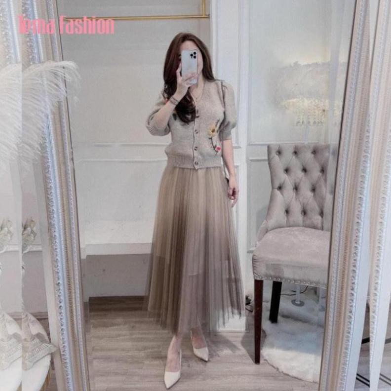 Chân Váy Xếp Ly Dáng Dài Nữ TEMA  Lưới Loang Hai Lớp Siêu Đẹp