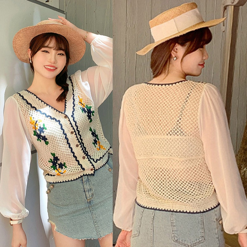 Áo Khoác Cardigan Dệt Kim Tay Dài Cổ Chữ V Phối Nút Thiết Kế Đục Lỗ Thời Trang