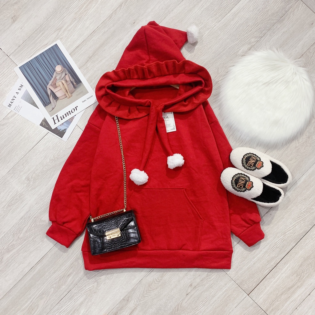 Áo Hoodie Noel Đỏ Mũ Phù Thuỷ 🦋 Áo Thun Trơn Dài Tay Mũ Viền Bèo 🦋 | BigBuy360 - bigbuy360.vn
