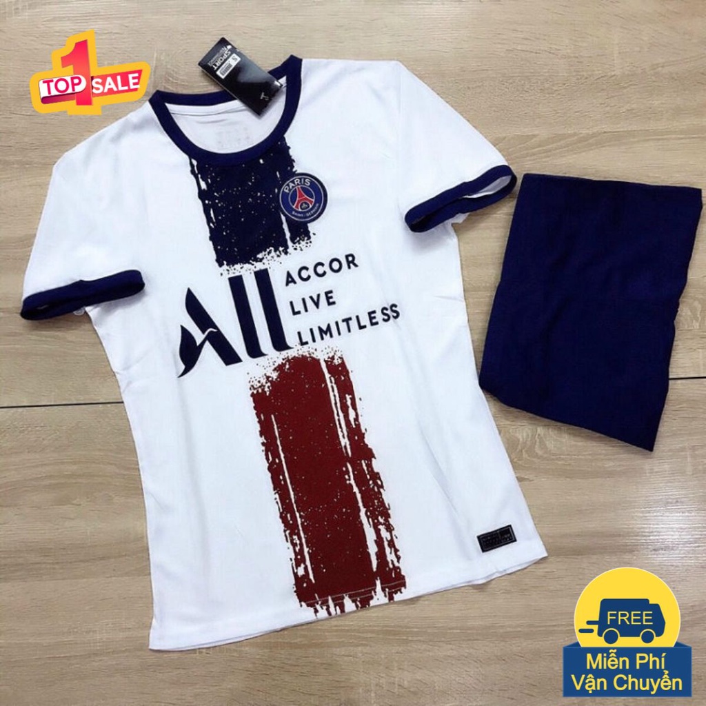 Bộ Áo Bóng Đá Paris Saint German (PSG) Trắng Nhám Xanh Đỏ Vải Dệt Kim - Bộ Quần Áo Bóng Đá Nam PP Bởi Be Happy Sport