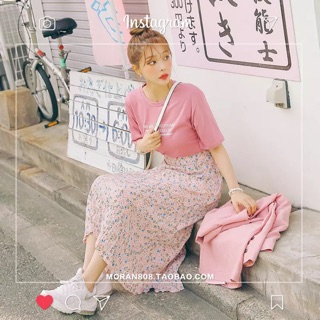 Set chân váy midi hoa nhí tone hồng/ảnh thật