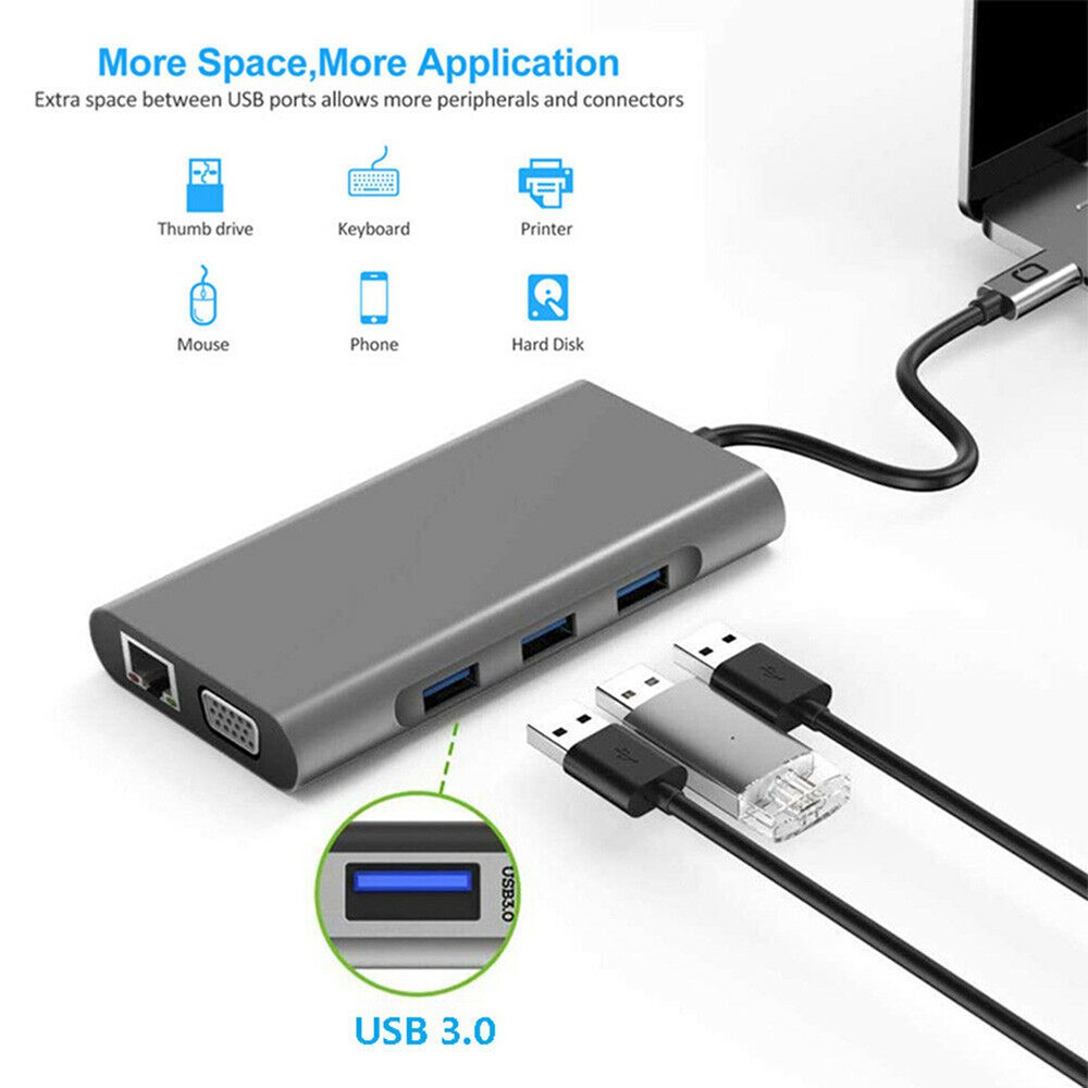 Bộ chuyển đổi hub 10 trong 1 USB type C to USB3.0  / HDMI / PD / RJ45 / SD / TF card / VGA / Audio 3.5 10 in 1