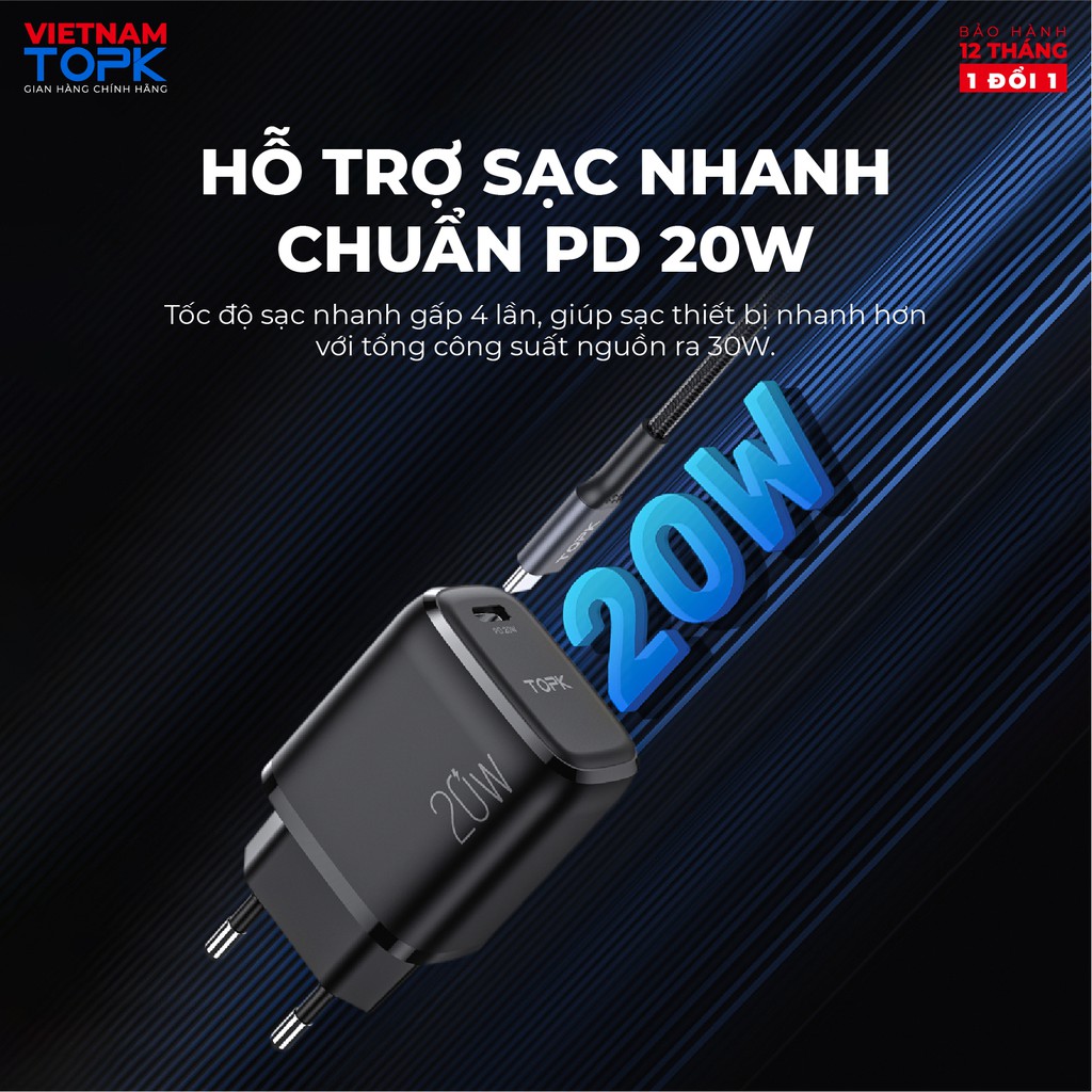 Củ sạc nhanh TOPK B110P Sạc nhanh PD Công suất 20W Cổng Type C - Hãng phân phối chính thức Bảo hành 12 tháng 1 đổi 1