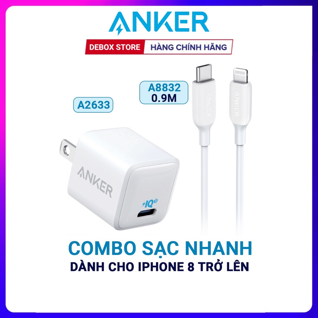 【Giao hàng nhanh】Combo Sạc nhanh iPhone ANKER PowerPort III Nano PIQ 3.0 20W A2633 + Cáp C to Lightning A8832 Chính hãng