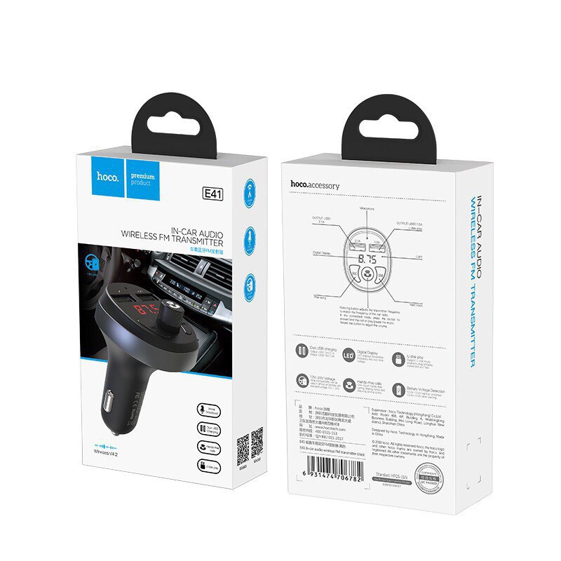 Tẩu sạc xe hơi tích hợp Bộ phát FM &amp; MP3 -Hoco E41 -Hàng phân phối chính hãng -BH 12 tháng