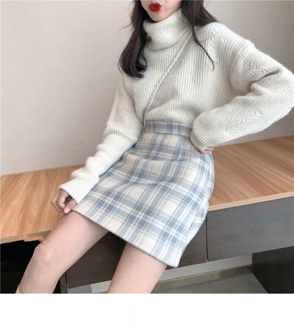 Set áo len cổ lọ + chân váy dạ ngắn chữ A kẻ ô ulzzang siêu xinh ❤