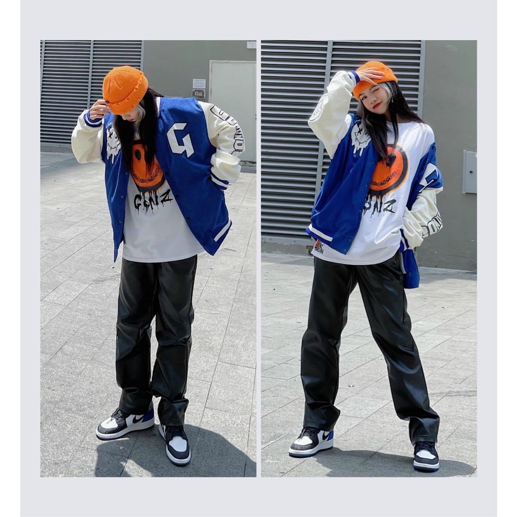 Áo Khoác Bomber Nhung Gân Tăm Thêu G-SMILE Jacket Varsity GONZ Unisex Form Rộng Ulzzang